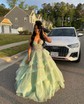 Ball Gown/Princess V-neck Organza Sweep Train Prom Dresses With Tiered