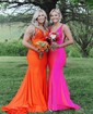 Trumpet/Mermaid V-neck Jersey Sweep Train Prom Dresses With Beading