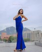 Sheath/Column Cowl Neck Shimmer Crepe Floor-length Prom Dresses With Ruched