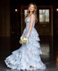 Ball Gown/Princess V-neck Tulle Sweep Train Prom Dresses With Appliques Lace