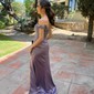 Sheath/Column Off-the-shoulder Silk-like Satin Sweep Train Prom Dresses With Beading