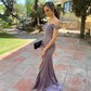 Sheath/Column Off-the-shoulder Silk-like Satin Sweep Train Prom Dresses With Beading