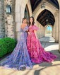 Ball Gown/Princess Off-the-shoulder Tulle Court Train Prom Dresses With Sashes / Ribbons