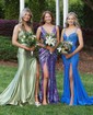 Trumpet/Mermaid V-neck Jersey Sweep Train Prom Dresses With Split Front