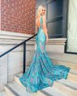 Trumpet/Mermaid V-neck Sequined Sweep Train Prom Dresses