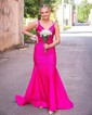 Trumpet/Mermaid V-neck Jersey Sweep Train Prom Dresses With Ruched