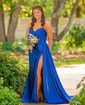 Sheath/Column Cowl Neck Silk-like Satin Sweep Train Prom Dresses With Appliques Lace