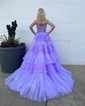 Ball Gown/Princess V-neck Tulle Glitter Sweep Train Prom Dresses With Appliques Lace