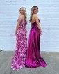 A-line Cowl Neck Metallic Sweep Train Prom Dresses With Ruched