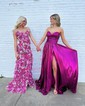 A-line Cowl Neck Metallic Sweep Train Prom Dresses With Ruched