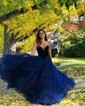 Ball Gown V-neck Velvet Tulle Ruffle Prom Dresses