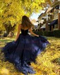 Ball Gown V-neck Velvet Tulle Ruffle Prom Dresses