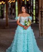 Ball Gown/Princess Off-the-shoulder Tulle Sweep Train Prom Dresses With Feathers / Fur