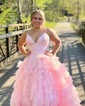 Ball Gown/Princess V-neck Tulle Glitter Sweep Train Prom Dresses With Tiered