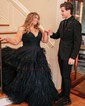 Ball Gown/Princess V-neck Tulle Glitter Sweep Train Prom Dresses With Tiered