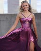 A-line Halter Metallic Floor-length Prom Dresses With Ruched