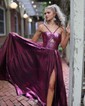 A-line Halter Metallic Floor-length Prom Dresses With Ruched