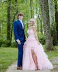 Ball Gown/Princess V-neck Tulle Glitter Sweep Train Prom Dresses With Tiered