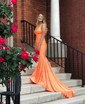 Trumpet/Mermaid V-neck Jersey Sweep Train Prom Dresses With Crystal Detailing