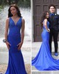 Trumpet/Mermaid V-neck Jersey Sweep Train Prom Dresses With Crystal Detailing