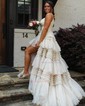 Ball Gown V-neck Tulle Glitter Sweep Train Tiered Prom Dresses