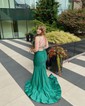 Trumpet/Mermaid V-neck Jersey Sweep Train Prom Dresses With Crystal Detailing