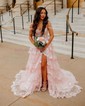 Ball Gown/Princess Off-the-shoulder Tulle Sweep Train Prom Dresses With Appliques Lace