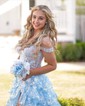 Ball Gown/Princess Off-the-shoulder Tulle Sweep Train Prom Dresses With Appliques Lace