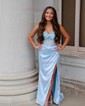 Sheath/Column Sweetheart Silk-like Satin Sweep Train Prom Dresses With Beading