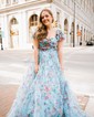 Ball Gown/Princess Square Neckline Tulle Sweep Train Prom Dresses With Beading