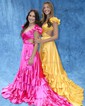 A-line V-neck Silk-like Satin Sweep Train Prom Dresses With Ruffles