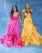 A-line V-neck Silk-like Satin Sweep Train Prom Dresses With Ruffles