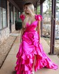 A-line V-neck Silk-like Satin Sweep Train Prom Dresses With Ruffles