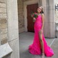 Trumpet/Mermaid V-neck Lace Sweep Train Appliques Lace Prom Dresses