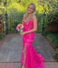 Trumpet/Mermaid V-neck Lace Sweep Train Appliques Lace Prom Dresses