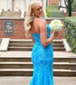 Trumpet/Mermaid V-neck Lace Sweep Train Appliques Lace Prom Dresses