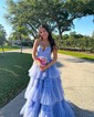 Princess V-neck Tulle Floor-length Prom Dresses With Tiered