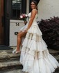 Princess V-neck Tulle Floor-length Prom Dresses With Tiered