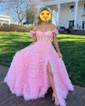 Ball Gown/Princess Sweep Train Off-the-shoulder Lace Tulle Beading Prom Dresses