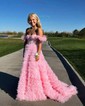 Ball Gown/Princess Sweep Train Off-the-shoulder Lace Tulle Beading Prom Dresses