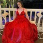 Ball Gown/Princess V-neck Glitter Floor-length Prom Dresses With Ruched