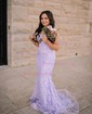 Trumpet/Mermaid Square Neckline Lace Tulle Sweep Train Prom Dresses With Appliques Lace