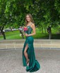 Trumpet/Mermaid V-neck Silk-like Satin Sweep Train Prom Dresses With Appliques Lace