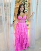 A-line Sweetheart Chiffon Sweep Train Prom Dresses With Appliques Lace