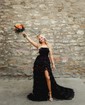 Ball Gown Straight Tulle Sweep Train Prom Dresses With Appliques Lace