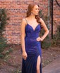 Trumpet/Mermaid V-neck Jersey Sweep Train Prom Dresses With Beading