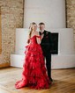 Ball Gown/Princess Off-the-shoulder Tulle Sweep Train Prom Dresses With Tiered