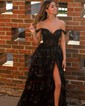 Ball Gown/Princess Off-the-shoulder Tulle Sweep Train Prom Dresses With Tiered