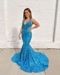 Trumpet/Mermaid V-neck Lace Sweep Train Prom Dresses With Appliques Lace