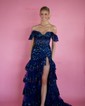 Trumpet/Mermaid Off-the-shoulder Tulle Sweep Train Prom Dresses With Appliques Lace